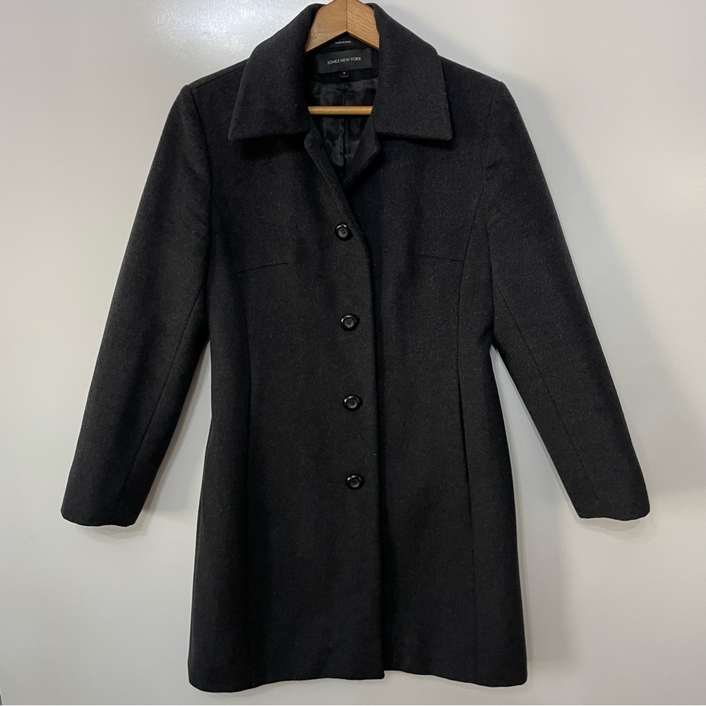 Jones New York Classic Women’s Long Fitted Wool Charcoal Dress Coat, Size 6